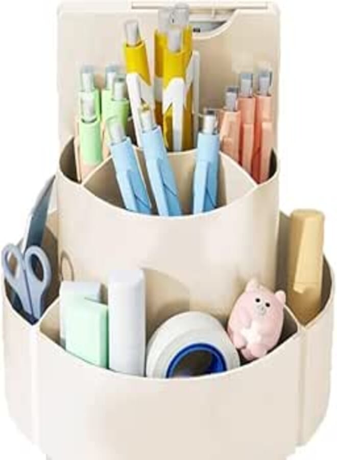 Rotating Pen Holder with Compartments Desk Organiser Office Organiser Creative Pencil Holder Makeup Pot Multipurpose Desktop Organiser Storage Pencil Pot for Desk and Paper Clipboard (white)